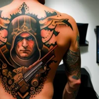 Ein Backpiece-Tattoo einer Computerspiel-Figur mit Kapuze und Schusswaffe
