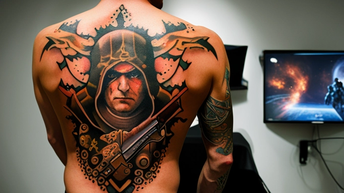 Ein Backpiece-Tattoo einer Computerspiel-Figur mit Kapuze und Schusswaffe