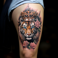Tattoo of a Tiger with a crown.
