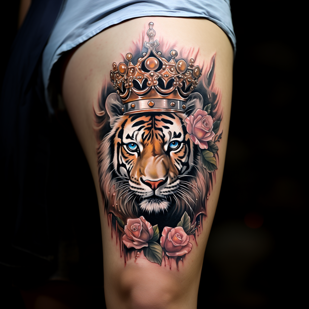 Tattoo of a Tiger with a crown.