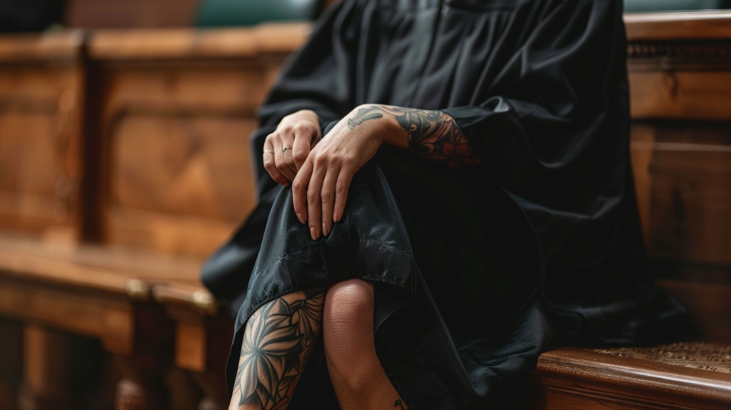 picture of a female judge showing a tattoo on her leg