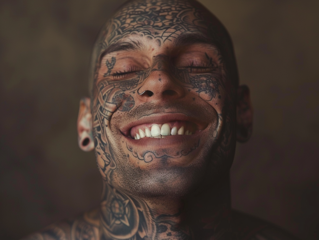 photo of a heavily tattooed man smiling with closed eyes