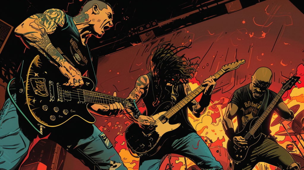 a cartoon version of a metal band performing on stage