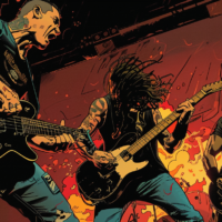 a cartoon version of a metal band performing on stage