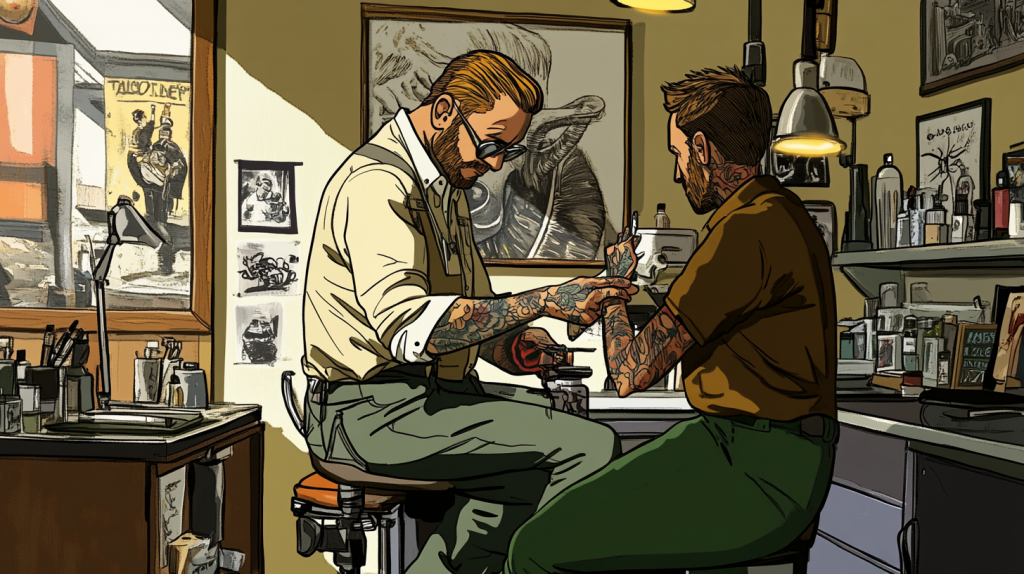 Cartoon style picture of a tattoo artist tattooing a client
