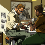 Cartoon style picture of a tattoo artist tattooing a client