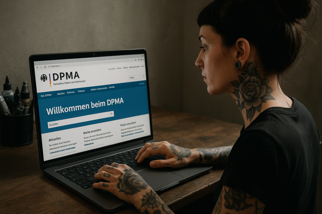 Tätowiererin recherchiert auf der Website des DPMA
