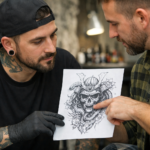 Ein Tattoo Artist, dem sein Kunde gerade eine Vorlage zeigt.