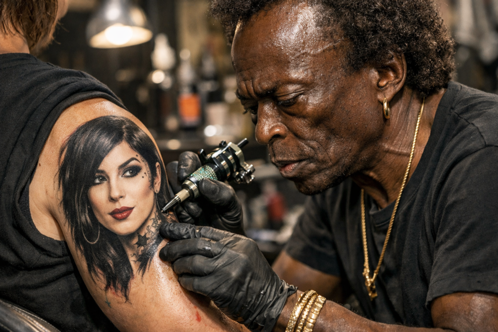 Miles Davis tattooing a portrait of Kat von D