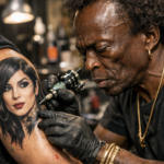 Miles Davis tattooing a portrait of Kat von D