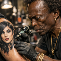 Miles Davis tattooing a portrait of Kat von D